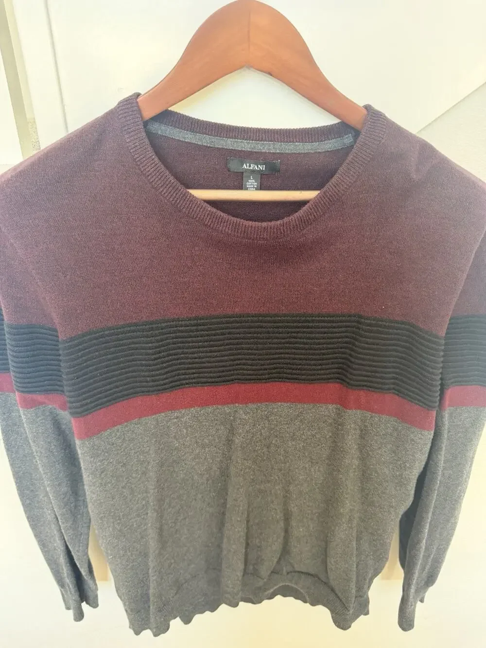 Alfani Men's Burgundy Gray Striped Knit Crew Neck Pullover Sweater Ribbed L